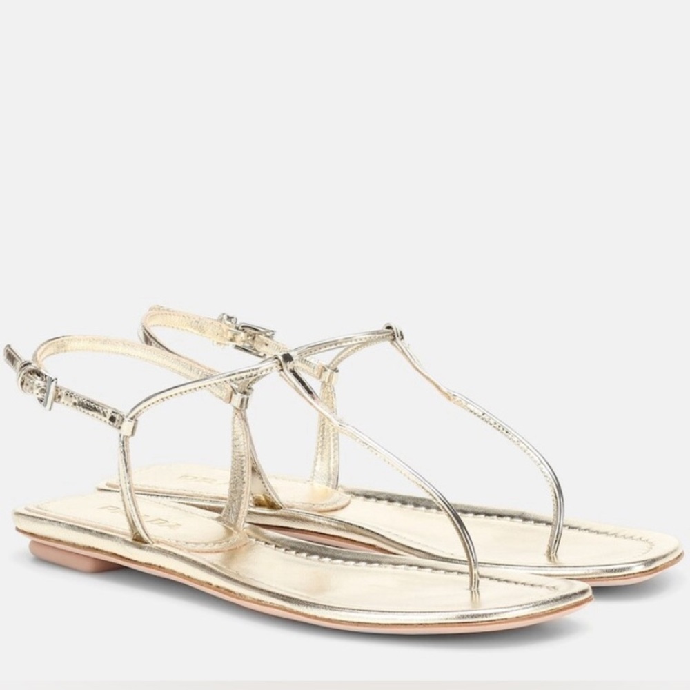 Prada T Strap T Bar Minimal Flat Sandals Metallic Platino Gold Leather
